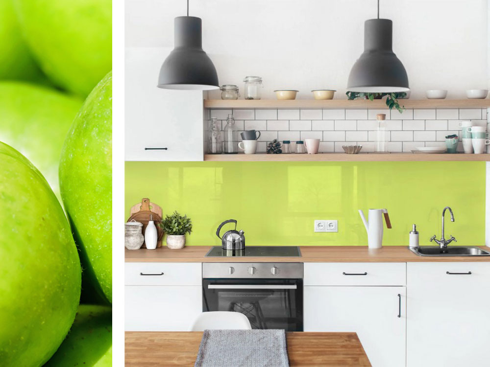 Vert anis dans une cuisine Pomme Granny Smith et cuisine blanc et vert anis illustrant le vert dans la cuisine
